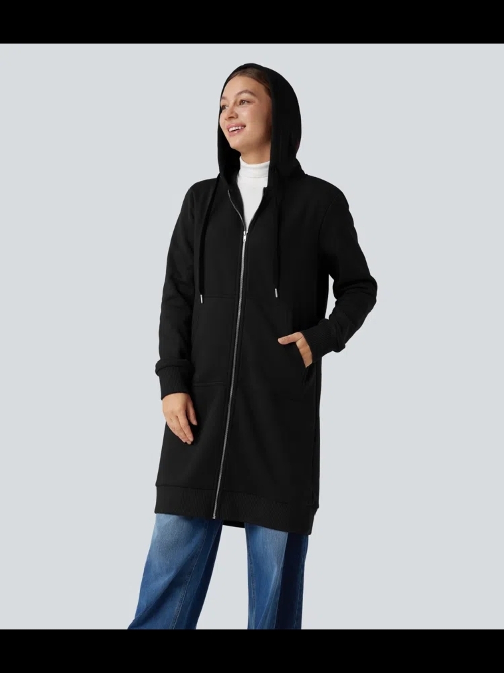 Halara Hooded Zip Fly Fleece Casual Longline Sweatshirt with Pockets XS Black